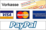 Vorkasse, Visa, Mastercard, American Express, Paypal